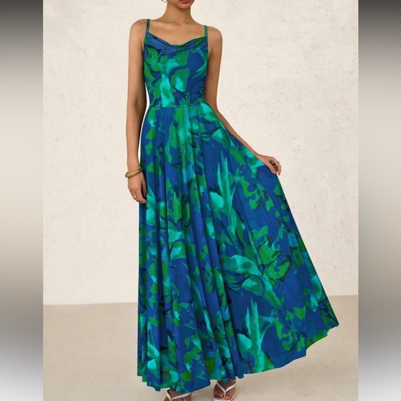 Elegant Green and Blue Floral Maxi Dress